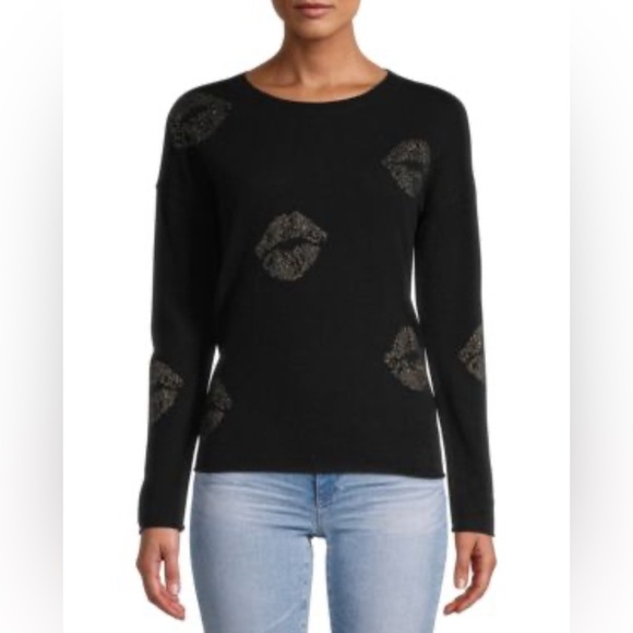 Brodie Cashmere Sweaters - Brodie Cashmere Lips Graphic Black Cashmere Sweater XS
